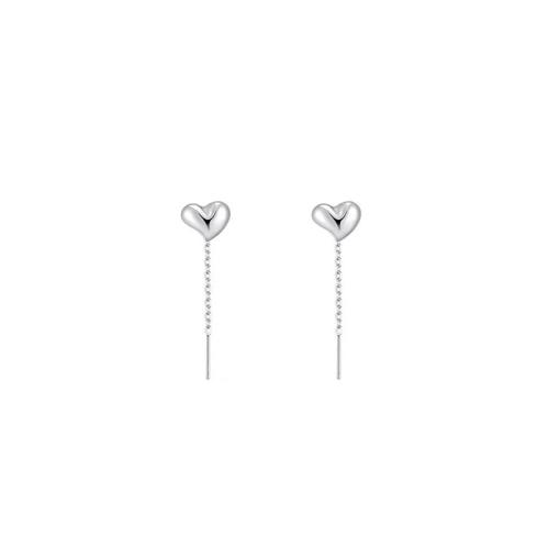 925 Sterling Silver Thread Through Earrings Heart platinum plated fashion jewelry & for woman 25mm Sold By Pair