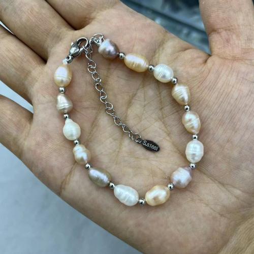 Freshwater Cultured Pearl Bracelet Freshwater Pearl with 304 Stainless Steel Rice fashion jewelry & for woman mm Length Approx 21 cm Sold By PC