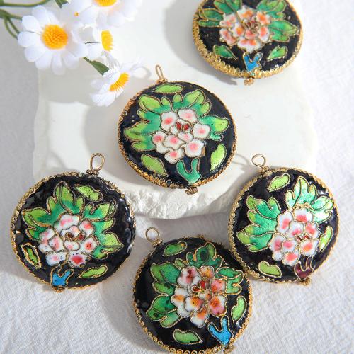 Cloisonne Vedhæng, Runde, du kan DIY & emalje, grøn, 40mm, Solgt af PC