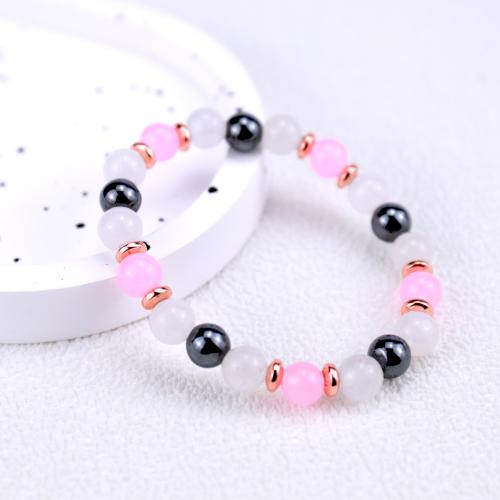 Gemstone Bracelets Rose Quartz with Hematite Round silver color plated for woman pink Length 12 cm Sold By PC