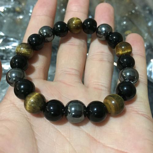 Gemstone Bracelets Tiger Eye with Crystal Thread & Cats Eye & Hematite Round for woman black Length 19 cm Sold By PC