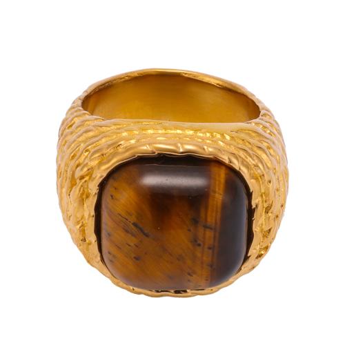 Natural Gemstone Finger Ring 304 Stainless Steel with Tiger Eye plated  & for woman Sold By PC