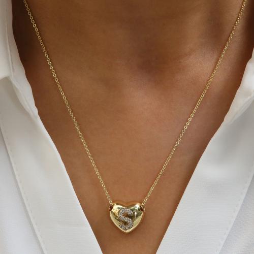 Brass Necklace with 5cm extender chain Heart plated & for woman & with rhinestone golden Length 45 cm Sold By Pair