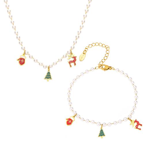 Enamel Stainless Steel Jewelry Set 304 Stainless Steel with Plastic Pearl plated Christmas Design & for woman golden Sold By PC