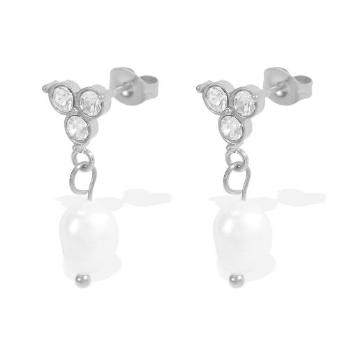 Boucles d'oreilles en perles d'eau douce, Acier inoxydable 304, avec perle d'eau douce cultivée, Placage, bijoux de mode & pour femme & avec strass, argent, Vendu par paire