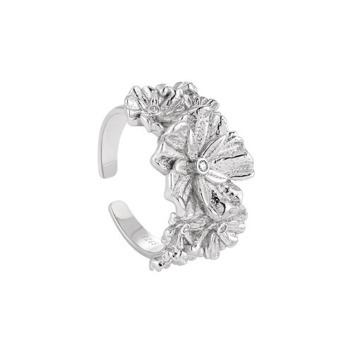 925 Sterling Sølv Cuff fingerring, Flower, platineret, Micro Pave cubic zirconia & for kvinde, Størrelse:7.5, Solgt af PC