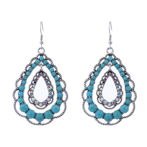 Turquoise Earring Zinc Alloy with turquoise Teardrop for woman & with rhinestone & hollow blue Sold By Pair