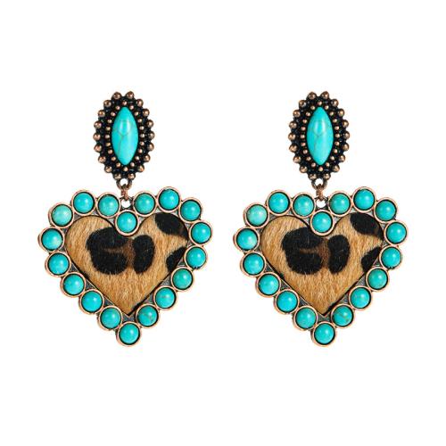 Turquoise Earring Zinc Alloy with turquoise & PU Leather Heart handmade fashion jewelry & for woman Sold By Pair