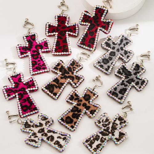 Earring Jewelry Zinc Alloy with PU Leather Cross & for woman & with rhinestone Sold By Pair