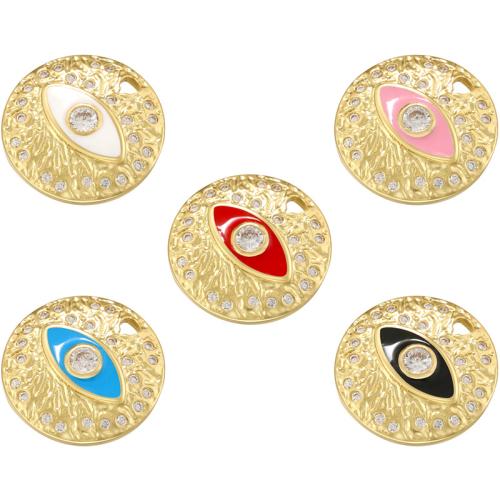 Evil Eye Pendants Brass Round gold color plated DIY & micro pave cubic zirconia & enamel Sold By PC