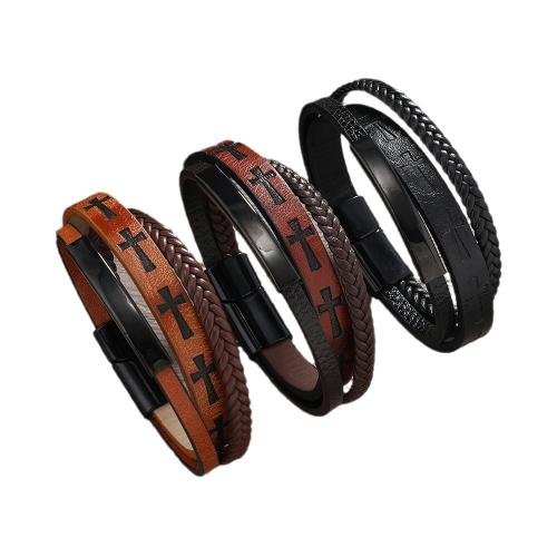 PU Leather Cord Bracelets with 201 Stainless Steel handmade three layers & fashion jewelry & for man Sold By PC