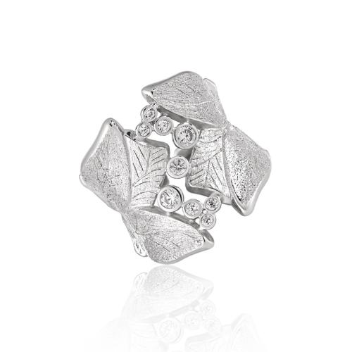 Plata de ley 925 Anillo de dedo Cuff, Hoja, chapado en platina real, micro arcilla de zirconia cúbica & para mujer, tamaño:7, Vendido por UD