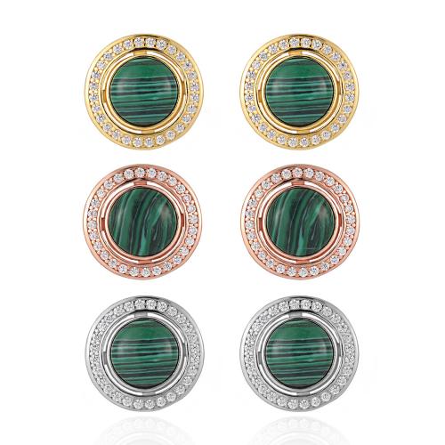 925 Sterling Silver Stud Earring with Malachite Round for woman & with rhinestone 14mm Sold By Pair