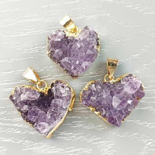 Quartz Gemstone Pendants Amethyst with Brass Heart DIY Sold By PC