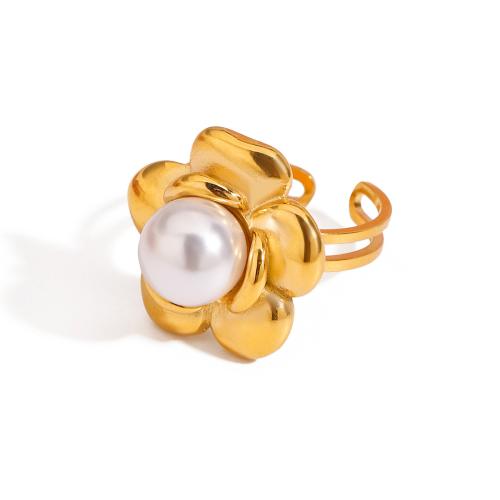 Stainless Steel Finger Ring 304 Stainless Steel with Plastic Pearl gold color plated fashion jewelry golden Sold By PC