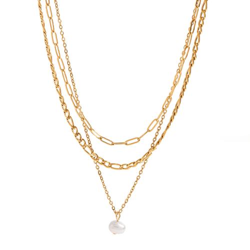 Multi Layer Necklace 304 Stainless Steel with Plastic Pearl gold color plated fashion jewelry golden Sold By PC