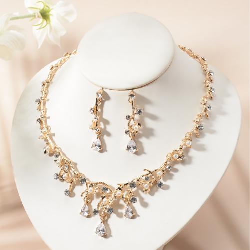 Zinc Alloy Jewelry Sets earring & necklace gold color plated 2 pieces & fashion jewelry & with rhinestone golden nickel lead & cadmium free Sold By Set