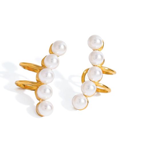 Titanium Staal Oorbel clip, met Plastic Pearl, gold plated, voor vrouw, Verkocht door pair