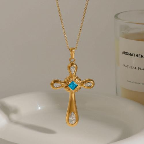 Stainless Steel Jewelry Necklace 304 Stainless Steel with Glass Cross gold color plated for woman & with rhinestone Sold By PC