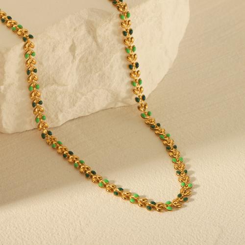 Stainless Steel Chain Necklace 304 Stainless Steel Leaf gold color plated for woman & enamel Sold By PC