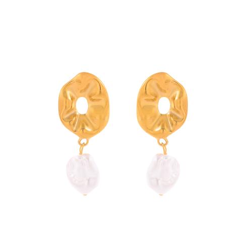 Boucle d'oreille goutte inox, Acier inoxydable 304, avec perle de plastique, Placage, bijoux de mode & pour femme & creux, doré, Vendu par PC