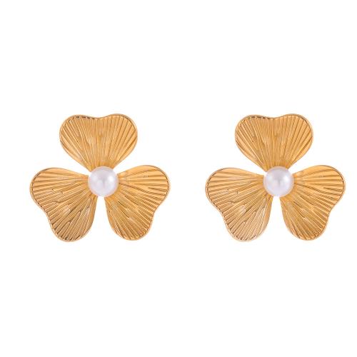 Stainless Steel Stud Earrings 304 Stainless Steel with Plastic Pearl Three Leaf Clover plated fashion jewelry & for woman golden Sold By Pair