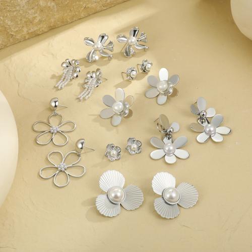 Stainless Steel Stud Earrings 304 Stainless Steel Flower plated fashion jewelry & for woman original color Sold By Pair