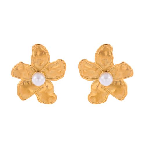 Roestvrij staal Stud Earrings, 304 roestvrij staal, met Plastic Pearl, Bloem, plated, mode sieraden & voor vrouw, gouden, Verkocht door pair