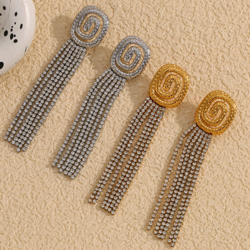 Fashion Fringe Earrings 304 Stainless Steel plated for woman & with rhinestone & hollow Sold By Pair