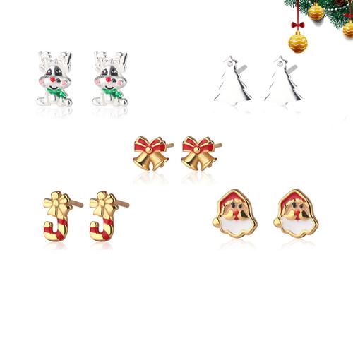 925 Sterling Silver Stud Earring Christmas jewelry & for woman & enamel & with rhinestone Sold By Pair