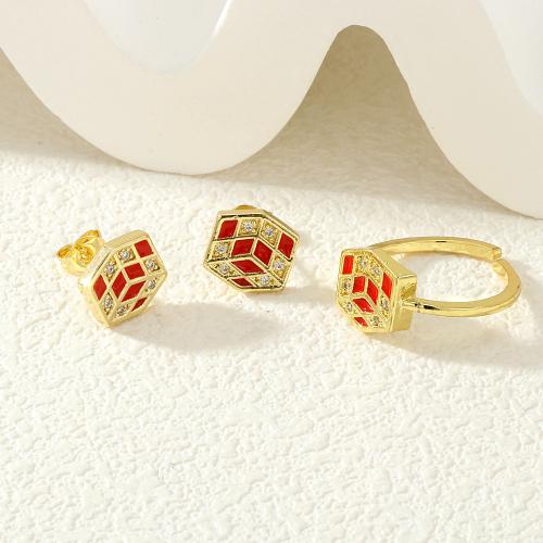 Cubic Zirconia Micro Pave Brass Jewelry Sets Stud Earring & finger ring gold color plated fashion jewelry & micro pave cubic zirconia & for woman & enamel nickel lead & cadmium free Sold By PC