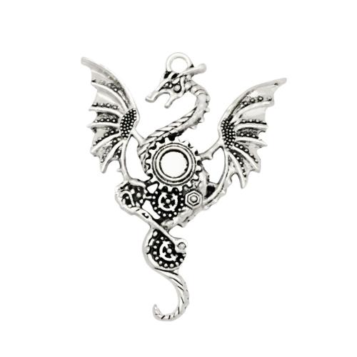 Sinc Alloy Pendants, Dragon, dath airgid antique plátáilte, DIY, nicil, luaidhe & caidmiam saor in aisce, 48.70x37.30mm, 100ríomhairí pearsanta/Mála, Díolta De réir Mála