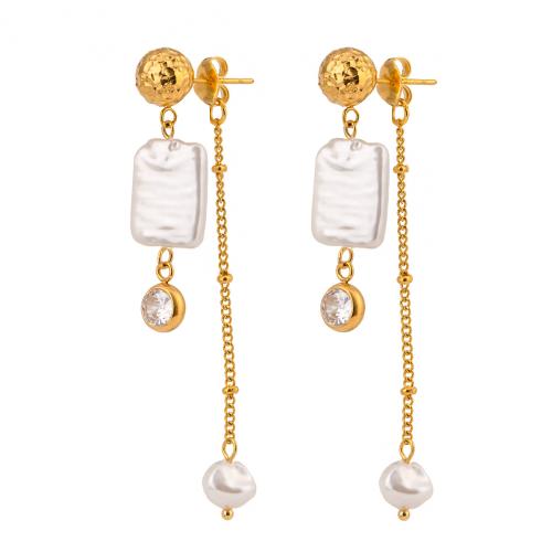 Stainless Steel Drop Earring 304 Stainless Steel with Plastic Pearl gold color plated for woman & with rhinestone Sold By Pair