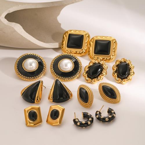 Stainless Steel Stud Earrings 304 Stainless Steel with Plastic Pearl gold color plated & for woman & enamel & with rhinestone Sold By Pair