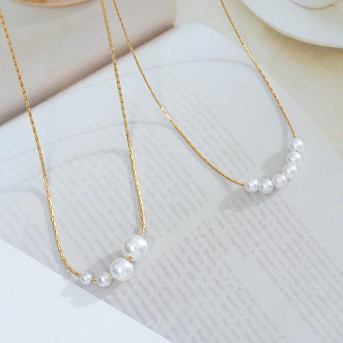 Stainless Steel Jewelry Necklace 304 Stainless Steel with Plastic Pearl Vacuum Ion Plating for woman Length 41-50 cm Sold By PC