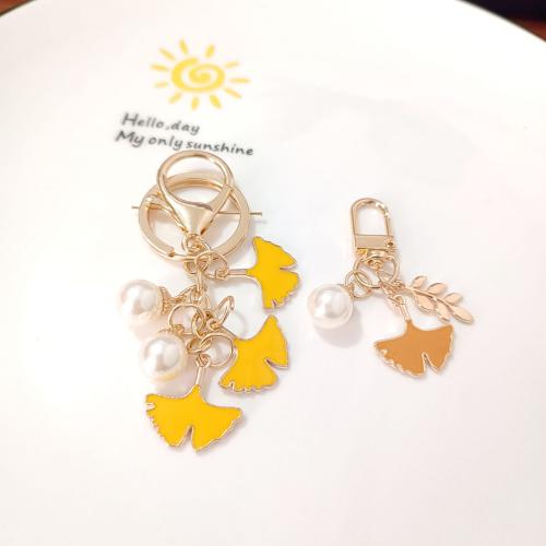 Bag Purse Charms Keyrings Keychains Zinc Alloy with Plastic Pearl Ginko gold color plated Unisex & enamel Sold By PC