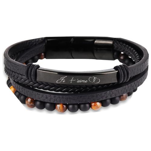 oeil de tigre bracelet, avec Abrazine Stone & cuir PU & Acier inoxydable 304, fait à la main, multicouche & unisexe & styles différents pour le choix & avec le motif de lettre, Longueur Environ 7-9 pouce, Vendu par PC