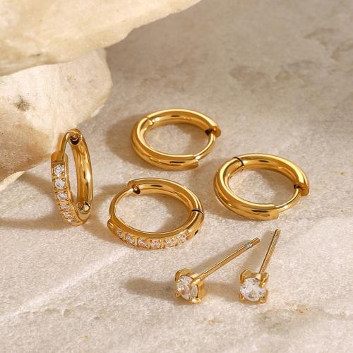 Stainless Steel Huggie Hoop Earring 304 Stainless Steel gold color plated for woman & with rhinestone Sold By Set