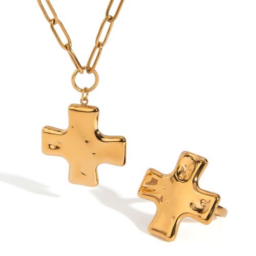 Set di gioielli in acciaio inox, anello dito & Collana, 304 acciaio inox, Croce, placcato color oro, stili diversi per la scelta & per la donna, nessuno, Venduto da PC