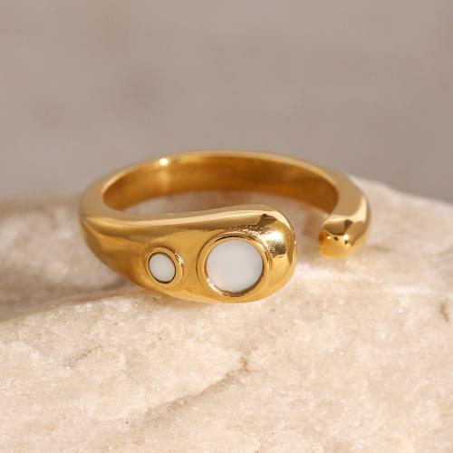 Stainless Steel Finger Ring 304 Stainless Steel with Pearl Oyster gold color plated for woman Sold By PC