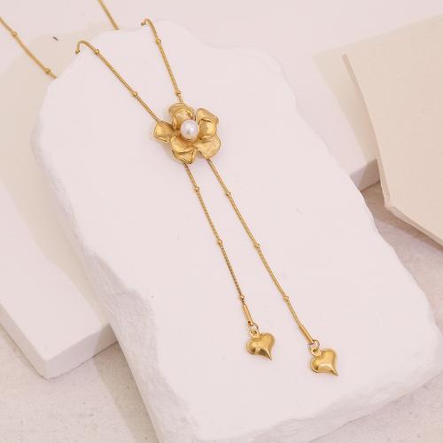 Stainless Steel Jewelry Necklace 304 Stainless Steel with Plastic Pearl plated fashion jewelry & for woman golden Sold By PC