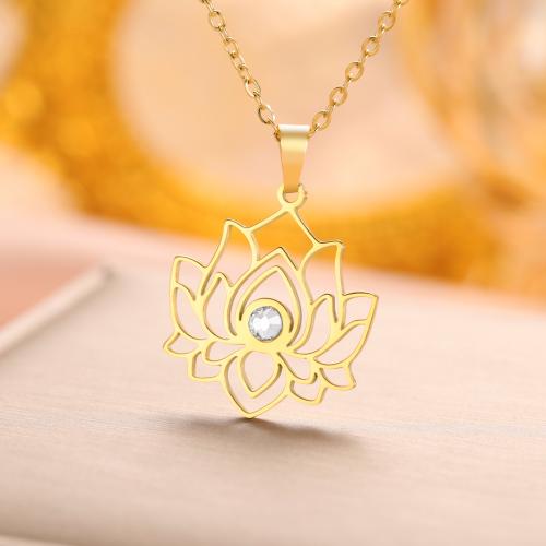 Stainless Steel Jewelry Necklace 304 Stainless Steel Lotus Vacuum Ion Plating for woman & with rhinestone Sold By Bag