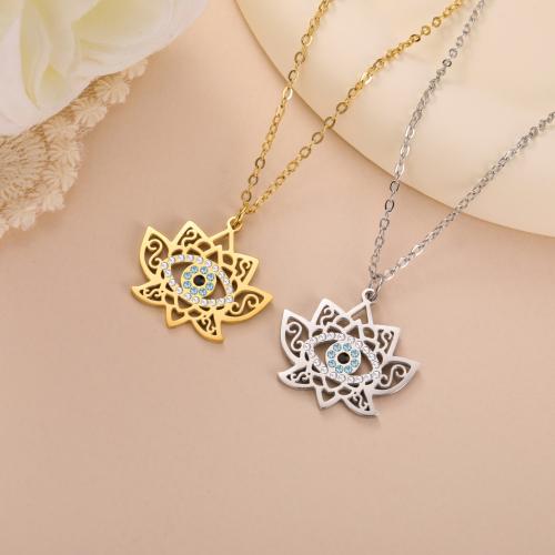 Stainless Steel Jewelry Necklace 304 Stainless Steel Lotus Vacuum Ion Plating for woman & with rhinestone Length 51-60 cm Sold By Bag