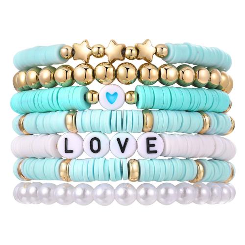 argile de polymère Set de bracelet, avec résine & perle de plastique & alliage de zinc, fait à la main, multicouche & unisexe & avec le motif de lettre, plus de couleurs à choisir, Longueur Environ 6-8 pouce, Vendu par fixé