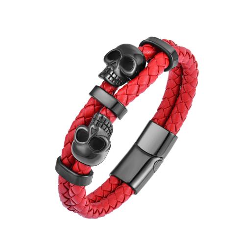 cuir PU bracelet, avec Acier inoxydable 304, crane, fait à la main, bijoux de mode & pour homme, plus de couleurs à choisir, Longueur Environ 7-9 pouce, Vendu par PC