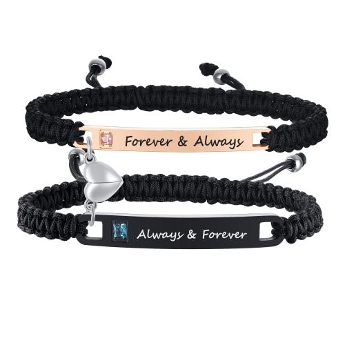 304 Stainless Steel Bracelet Set with Polyester Cord plated & with letter pattern & for couple & with rhinestone Length Approx 6-10 Inch Sold By Set