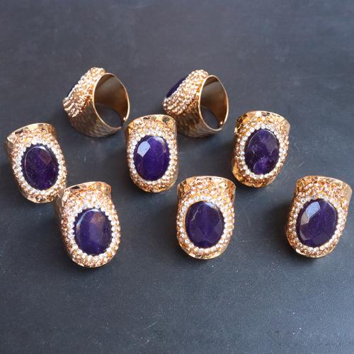 Natural Quartz Finger Ring Brass with Amethyst gold color plated for woman & with rhinestone purple nickel lead & cadmium free inner ~20mm Sold By PC