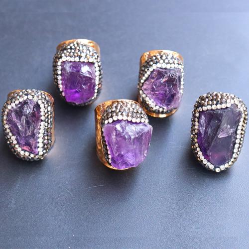 Natural Quartz Finger Ring Brass with Amethyst gold color plated random style & Unisex & with rhinestone purple nickel lead & cadmium free inner ~20mm Sold By PC