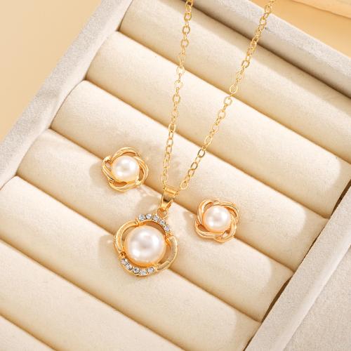 Zinc Alloy Jewelry Sets Stud Earring & necklace with Plastic Pearl plated 2 pieces & for woman & with rhinestone Sold By Set