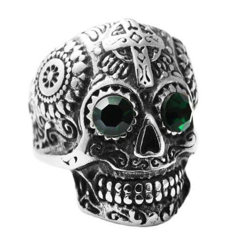 Rustfrit stål Rhinestone fingre Ringe, 316 Stainless Steel, Skull, poleret, forskellig størrelse for valg & for mennesket & med rhinestone, sølv, Solgt af PC